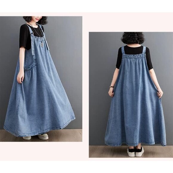 Denim Jumper Dress Women Maxi Length Loose Style Adjustable Straps Casual - Picture 4 of 5